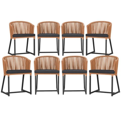 8 Cadeiras de Jantar Área Noronha em Alumínio com Pintura Preta Corda Náutica Estofado 11 Trama Orig