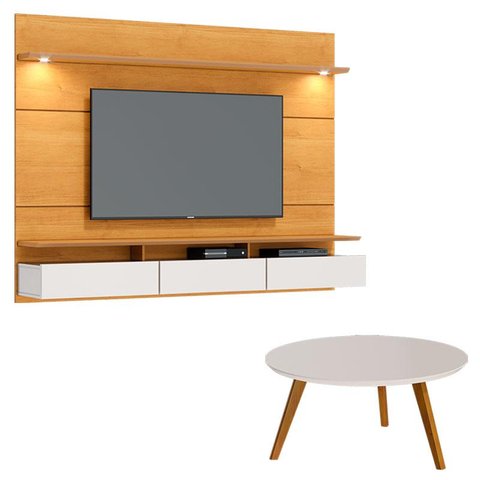 Painel Suspenso Decore 2.2 com Mesa de Centro Classic Redonda Nature Off White - Imcal