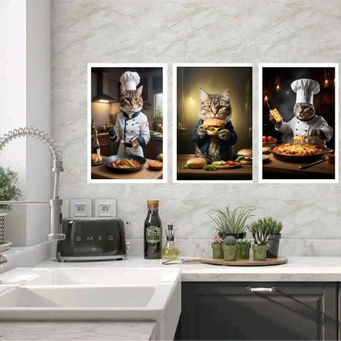 Kit 3 Quadros para Cozinha Gatos com Comidas 33x24cm - com Vidro:moldura Preta
