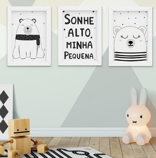 Quadro Infantil Bebê Escandinavo Ursos Sonhe Alto Kit 3 Peças - 1