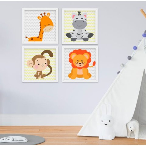 Quadro Bebê Infantil Menino Menina Safari Kit 4 Peças