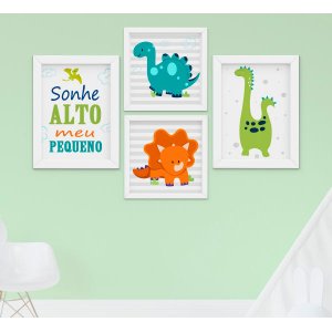 Quadro Bebê Infantil Menino Dinossauro Sonhe Alto Kit 4 Peças