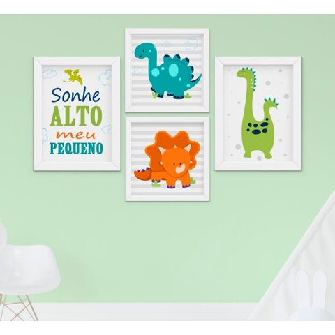 Quadro Bebê Infantil Menino Dinossauro Sonhe Alto Kit 4 Peças