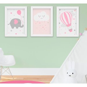 Kit Quadro Bebê Infantil Menina Elefante Nuvem Balão 3 Peças