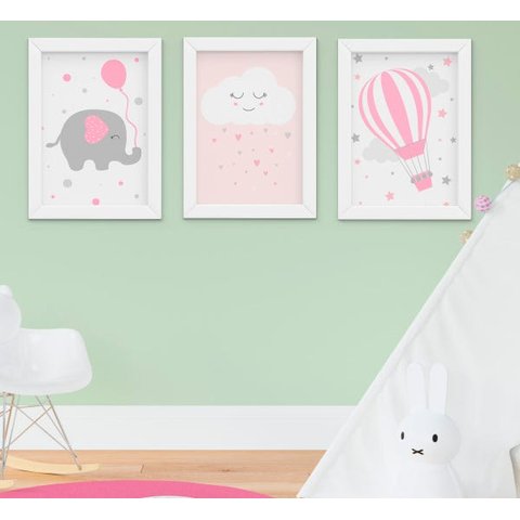 Kit Quadro Bebê Infantil Menina Elefante Nuvem Balão 3 Peças