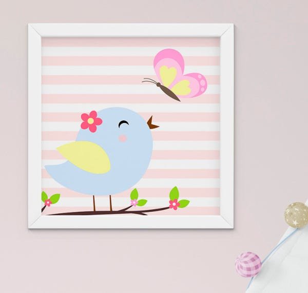 Quadro Infantil Quarto Bebê Menina Passarinho Cachorro Cacto Nuvem Kit 6 Peças - 6