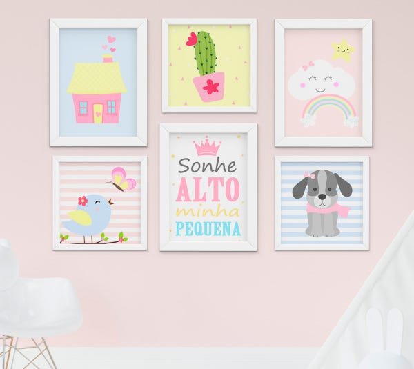 Quadro Infantil Quarto Bebê Menina Passarinho Cachorro Cacto Nuvem Kit 6 Peças - 1