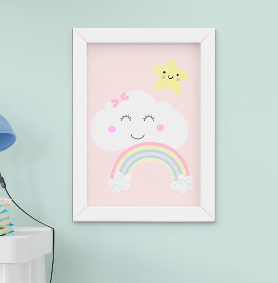 Quadro Infantil Quarto Bebê Menina Passarinho Cachorro Cacto Nuvem Kit 6 Peças - 5