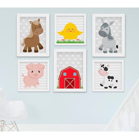 Quadro Infantil Quarto Bebê Menino Menina Fazendinha Kit 6 Peças