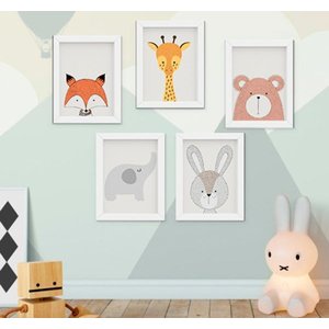 Quadro Bebê Infantil Escandinavo Raposa Girafa Coelho Urso Elefante Kit 5 Peças