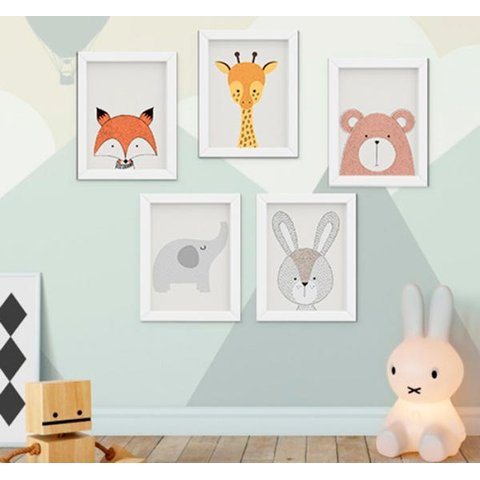 Quadro Bebê Infantil Escandinavo Raposa Girafa Coelho Urso Elefante Kit 5 Peças