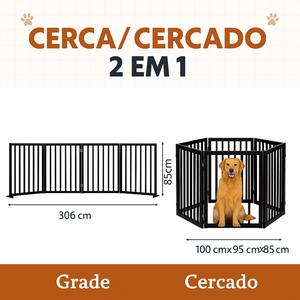 Grade Longa e Cercado 2 em 1 Cachorro Grande Portão 3 Metros X 85cm Pet Cães Bambu Madeira 6 Módulos