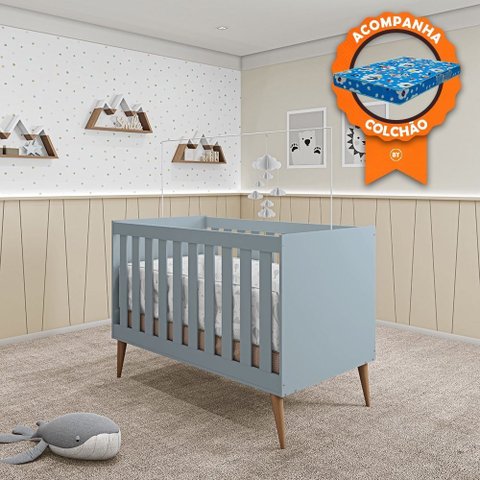 Berço Mini Cama Móveis Estrela Ternura - Azul Wood + Colchão Baby Physical Ortobom