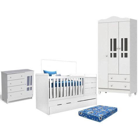Quarto de Bebê Ariel 3 Portas com Berço Americano Multifuncional Cleo Branco com Colchão Ortobom - C