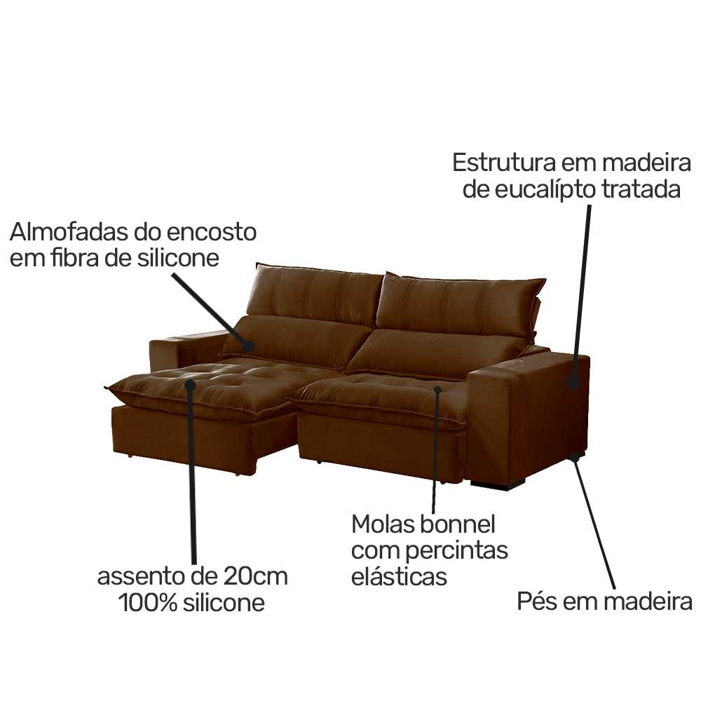 Sofá retrátil 4 Lugares 250 cm York luxo Jc linho Marrom texturizado
