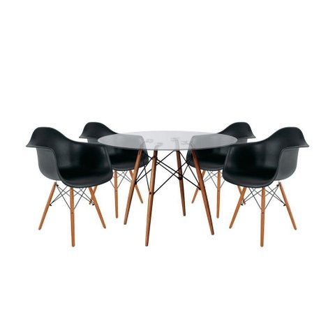 Mesa Sala De Jantar Eiffel Vidro Redonda 110Cm Vidro Com 4 Poltronas Pretas Base Madeira Cor: Preto