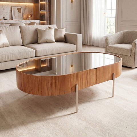 Mesa de Centro Amadeirado com Vidro Espelhado 100x63cm Istambul Elipse