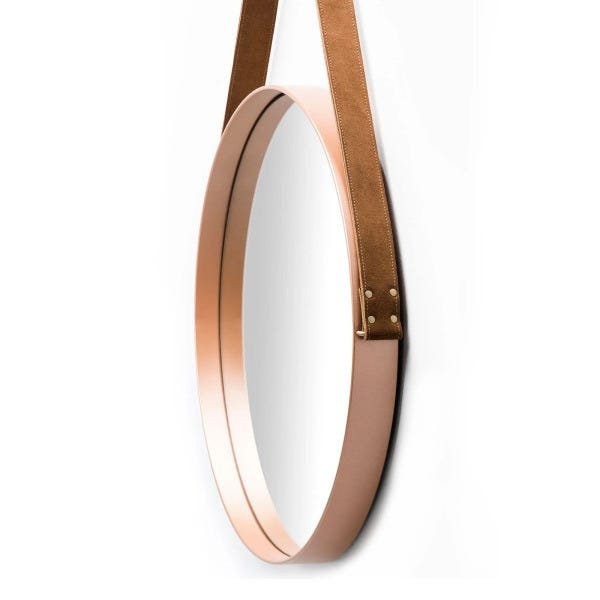 Espelho Redondo Decorativo Adnet Cobre Escandinavo com Alça de Couro 35 cm - D'Rossi - 2