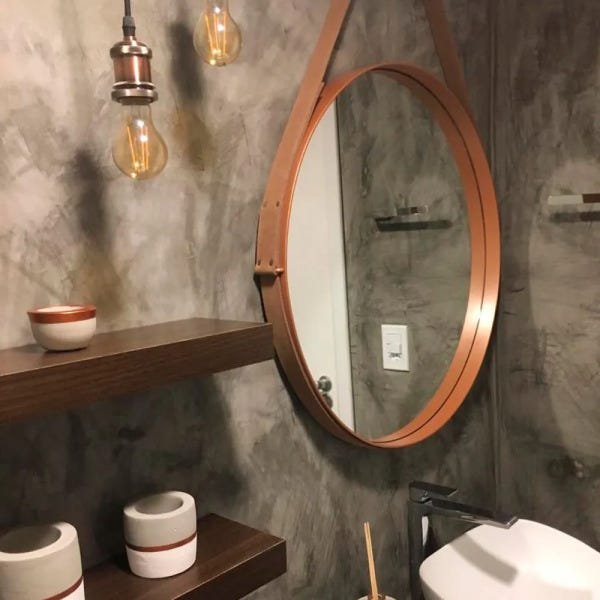 Espelho Redondo Decorativo Adnet Cobre Escandinavo com Alça de Couro 35 cm - D'Rossi - 3