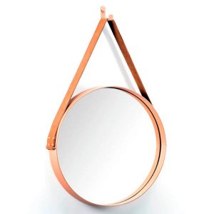 Espelho Redondo Decorativo Adnet Cobre Escandinavo com Alça de Couro 35 cm - D'Rossi
