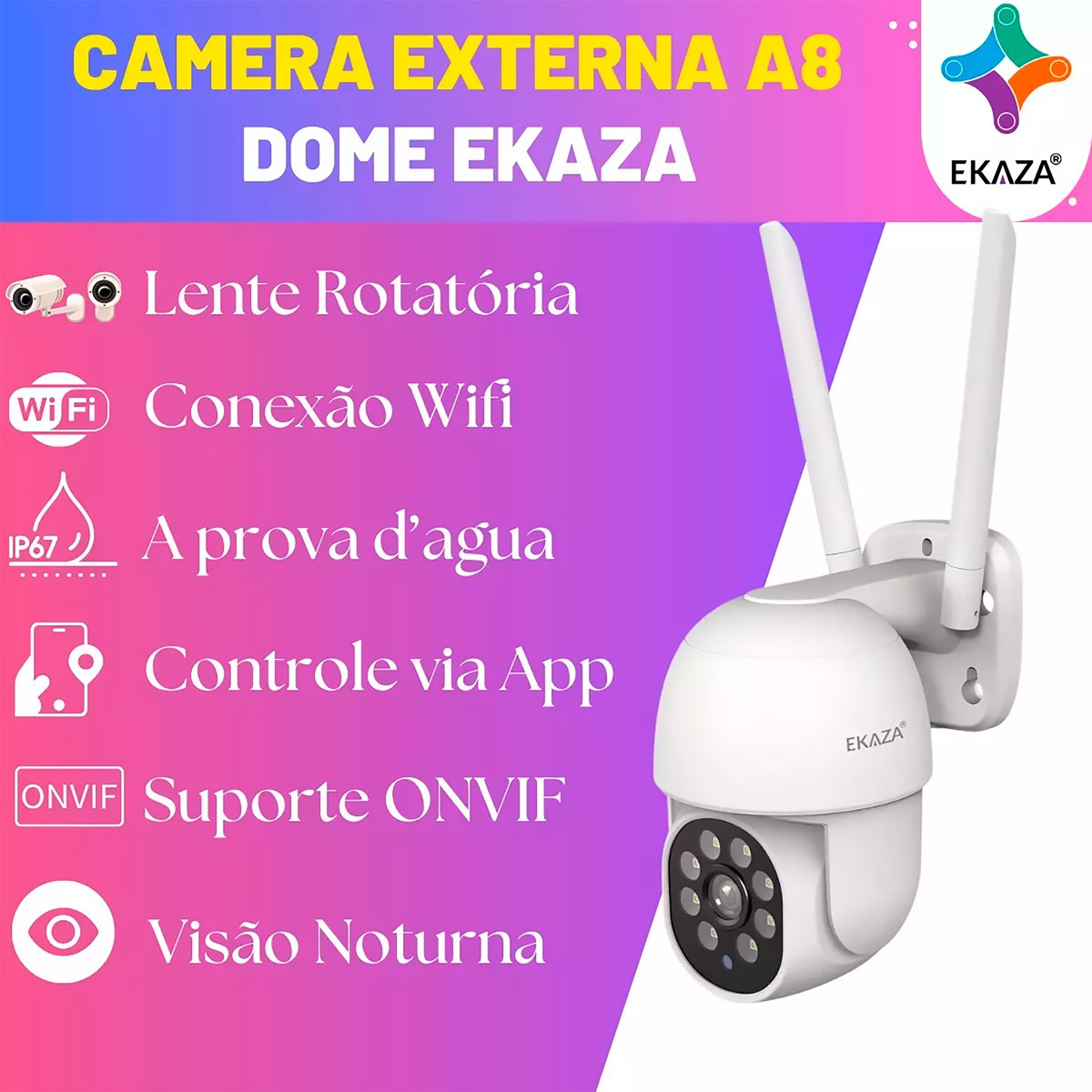 Câmera Smart Dome Wifi Externa Nuvem 360º Ekaza Alexa e Google - 6