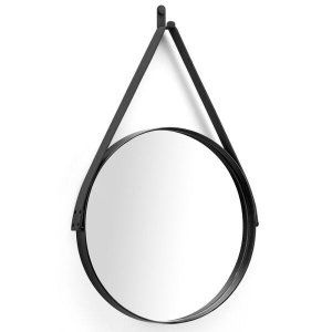 Espelho Redondo Decorativo Adnet Preto Escandinavo com Alça de Couro 50 cm - D'Rossi