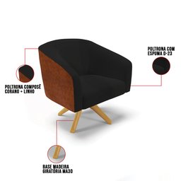 Kit 2 Poltronas Giratória Stella Corano Nozes com Linho Preto A79 - 7 Kit 2 Poltronas Giratória Stella Corano Nozes com Linho Preto A79 - 7