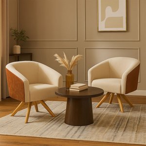 Kit 2 Poltronas Giratórias Stella Decorativa para Sala Corano Nozes com Linho Areia