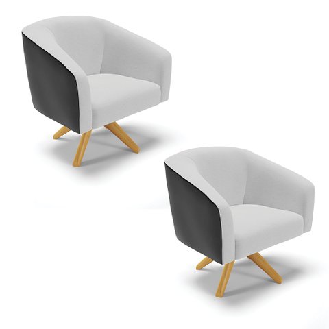 Kit 02 Poltronas Giratória Stella Corano Preto com Linho Cinza A05 Base Madeira Ma30 - D'Rossi