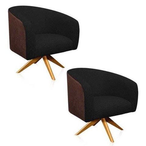 Kit 2 Poltronas Giratória Stella Corano Marrom com Linho Preto A79 - D'Rossi