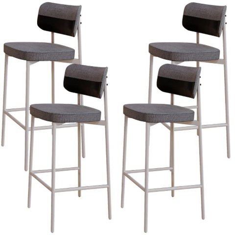 Kit 04 Banquetas Alta Bar Cozinha Sala de Jantar Aço Branco Kaira C01 Linho Cinza Courino Preto -