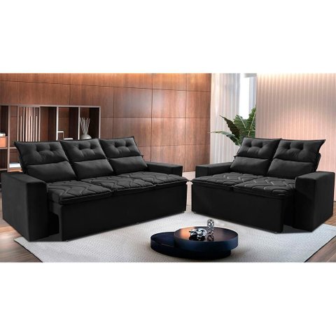 Conjunto de Sofá 3 e 2 Lugares Retrátil e Reclinável 2.00x1.50m Cama Inbox Smal Suede Preto