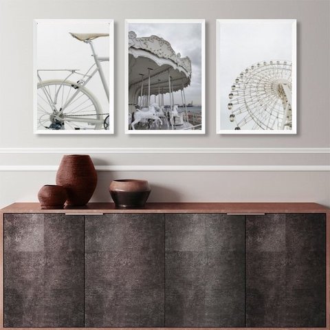 Kit 3 Quadros Minimalistas Fotografias Brancas- Bicicleta Carrossel 33x24cm:madeira Branca