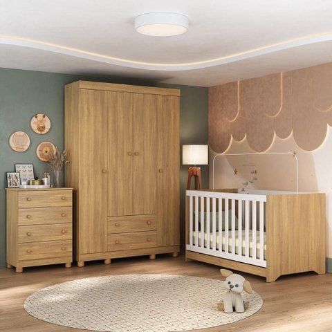 Quarto de Bebê Completo com Berço Americano 3 em 1 Allegra Multimóveis Mp4586 Madeirado