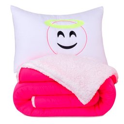 Coberdrom Solteiro Ternura Emoji Porta Bordado Tecido Sherpa 02 Peças - Pink - 1