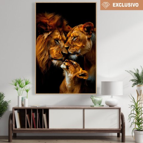 Quadro Decorativo Família Leão Leoa com Um Filhote Sala Quarto Casa Escritório