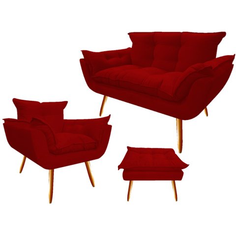 Kit Namoradeira + 1 Poltrona + 1 Puff Decorativo Opala Suede Vermelho Pés Madeira Mz Decor