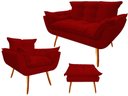 Ver imagem 1 de Kit Namoradeira + 1 Poltrona + 1 Puff Decorativo Opala Suede Vermelho Pés Madeira Mz Decor