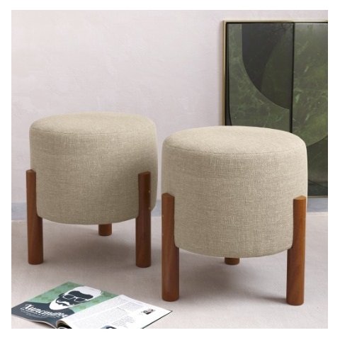 Kit 2 Puff Banqueta Sala Redondo Pés em Madeira -thor-bege