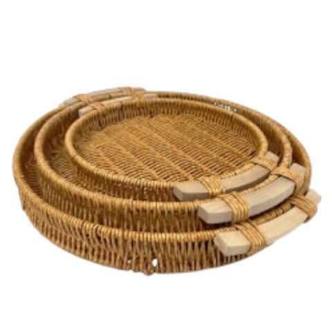 Kit 3 Peças Bandejas Redondas Gourmet em Madeira Decoração Casa Nova