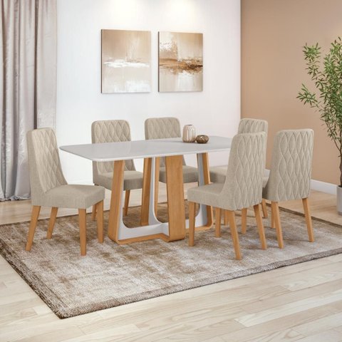 Conjunto Sala de Jantar Mesa Easy Pop 170x90cm Tampo Vidro/mdf com 6 Cadeiras Seat Linho Rinzai Bege