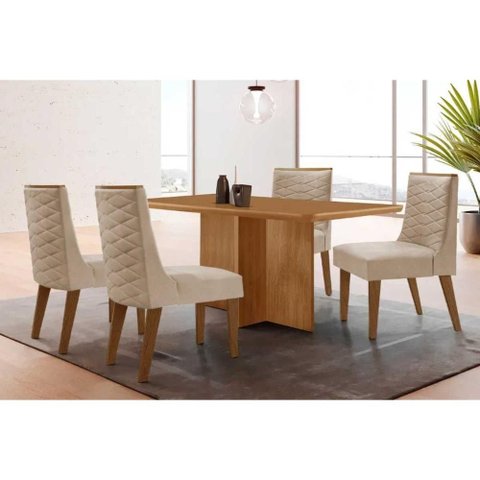Conjunto: Mesa Sala Jantar Berlim Tampo Curvo 120cm+4 Cadeiras Dafne Madeira Naturale - Capuccino/