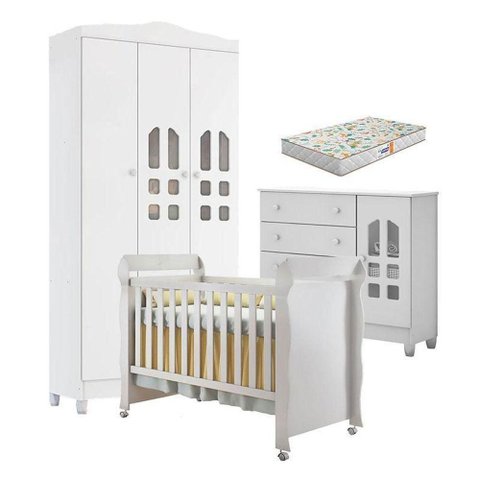 Quarto de Bebê New Selena 3 Portas com Cômoda Selena e Berço Mirelle Branco Brilho e Colchão