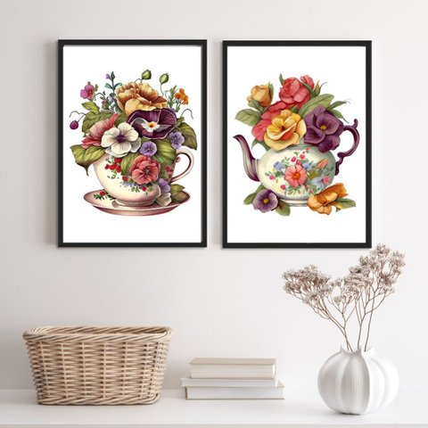 Kit 2 Quadros Cozinha Vintage Café com Flores 45x34cm - com Vidro:madeira Branca