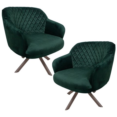 Kit 2 Poltronas Decorativas Kitana Pés Champagne Giratório Veludo Verde - Gran Belo