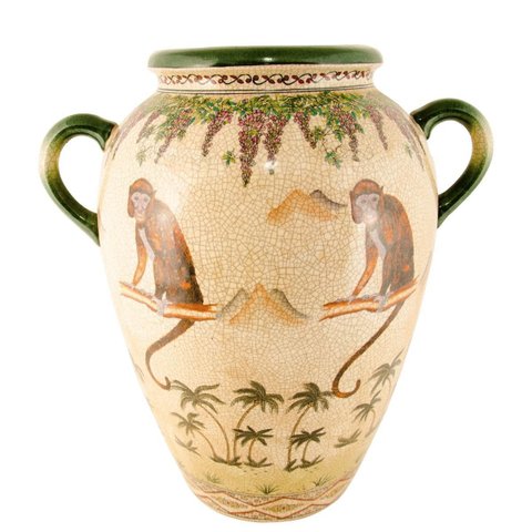 Vaso Decorativo Cerâmica Craquelada Macacos Flores Alças Verdes 49,5cm Columbus Gold