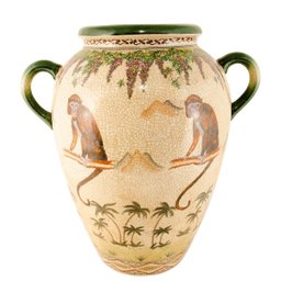 Vaso em cerâmica Craquelê, com pintura de macacos, coqueiros e flores (37,5 x 28,5 x 43,5 cm) - 1
