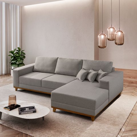 Sofá Fixo com Chaise 2,5m Cronos Linho com Molas Lado Direito Meu Sofá Online