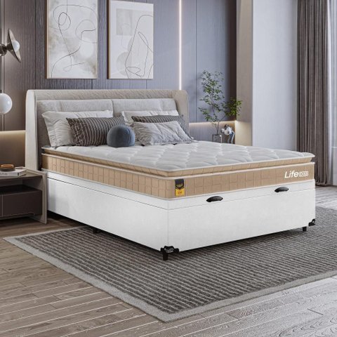 Cama Box Baú Casal Couro Branco + Colchão Life D33 Pillow Top 61x138x188cm Bege - e-Shop Casa
