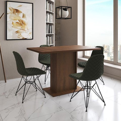 Mesa Jantar Londres Tampo Amêndoa 120cm 4 Cadeiras Ferro Preto Estofado Verde